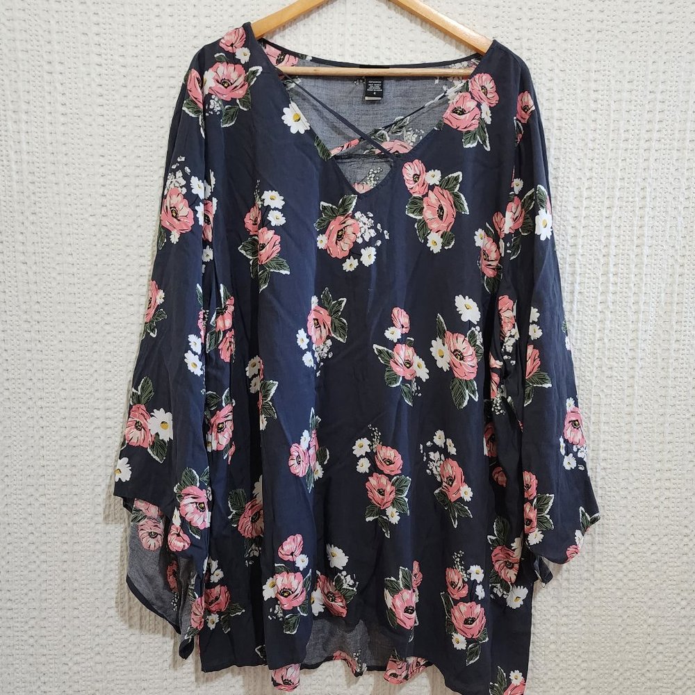 torrid Navy Floral Crisscross V-Neck Blouse with Pink & White Roses